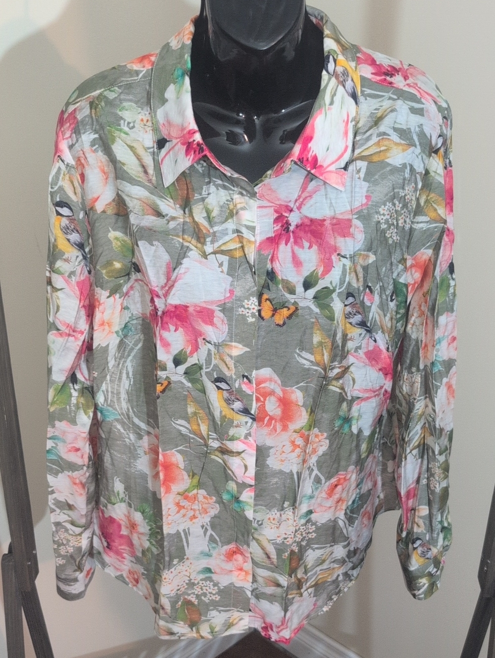 Renuar | Floral Print Long-Sleeve Button-Up Shirt - Green/Pink